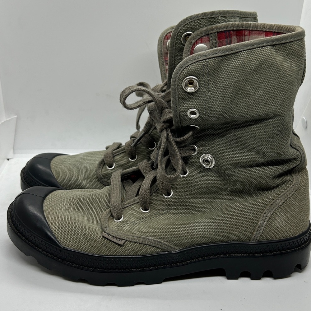 Palladium Baggy Olive Canvas w Red Plaid Fold Over Lace-Up Boots - Men’s Size 9 - Picture 5 of 12